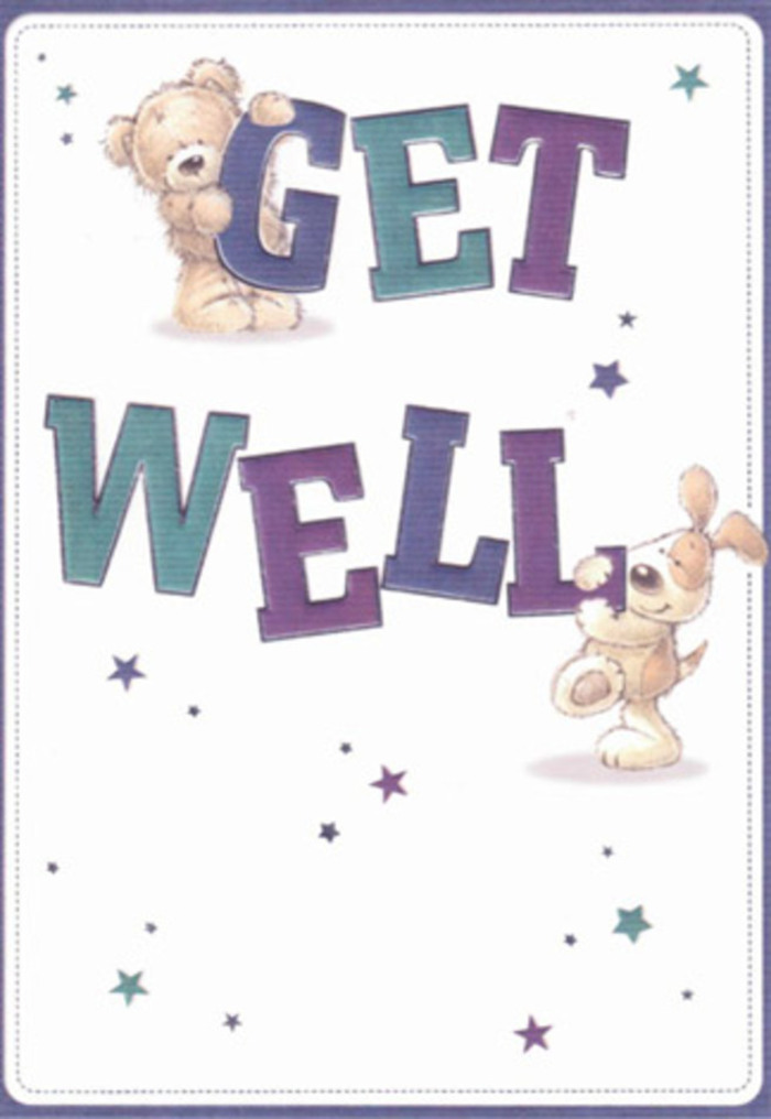 This get well card embodies gentle encouragement with its endearing illustrations of a joyful bear and an eager puppy. Twinkling stars seem to dance above them, as if casting good wishes across High Wycombe's leafy parks and open markets. The bold, oversized typography, shaded in playful purples and serene aquas, anchors the composition with cheerfulness and warmth. A sense of texture is beautifully conveyed; the bear's fur looks plush enough to stroke, and the puppy's floppy ears invite a gentle touch, suggesting comfort beyond the visual. Envision this card paired with a fresh delivery of hand-gathered blooms from High Wycombe's local florists-the gesture combines both visual and sensory care, bringing a sense of lightness and renewal to anyone in need. The overall mood mirrors that of an uplifting spring afternoon-a perfect fit for lifting spirits and offering support, whether at home near Booker or further along West Wycombe Road.